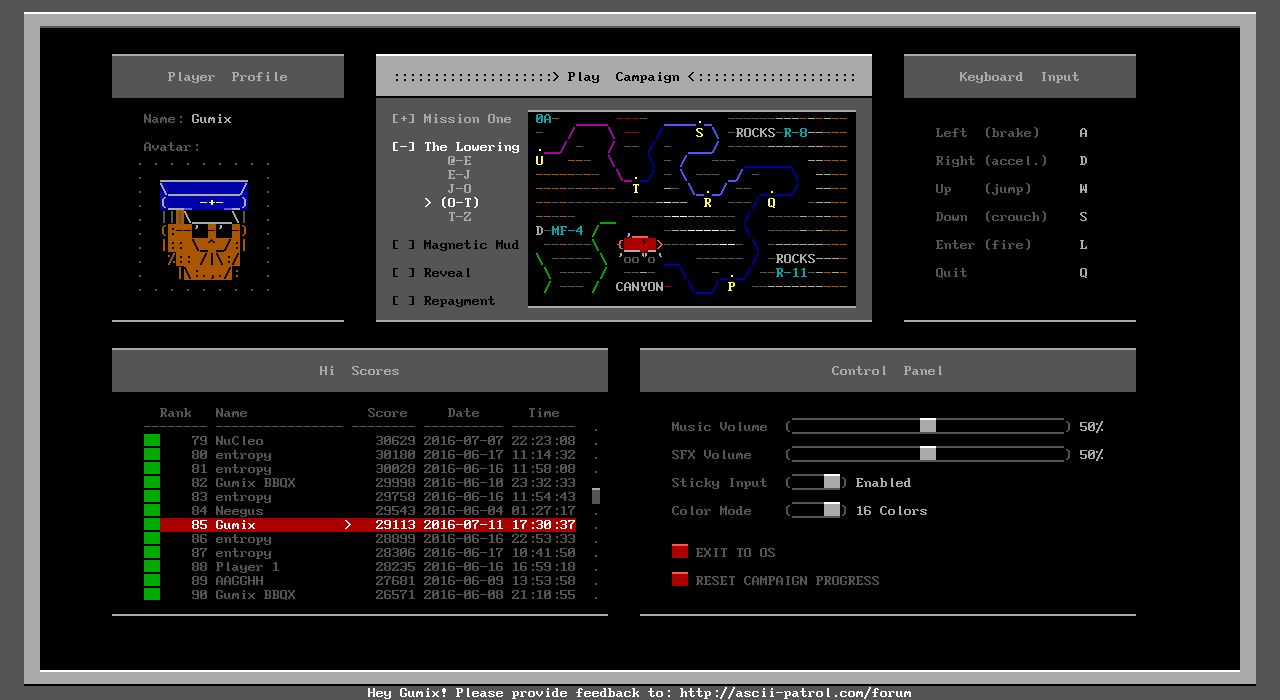 Main Menu after finished game with Hi Score at 85th place